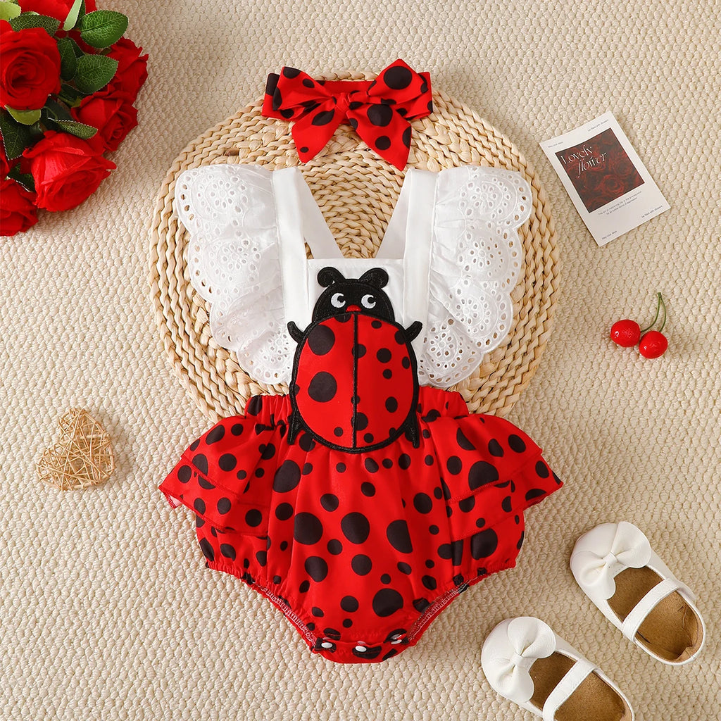 Newborn Baby girl Bodysuit Laceseven star Ladybug Bodysuit+Headband 2-piece set for 0-18 Month old Female Baby Summer Bodysuit