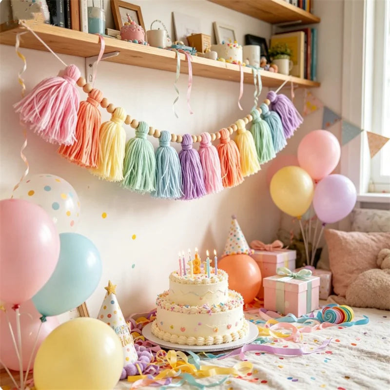 Colorful Rainbow Tassel Garland Wall Decor Banner Handmade With Wooden Beads For Home Party