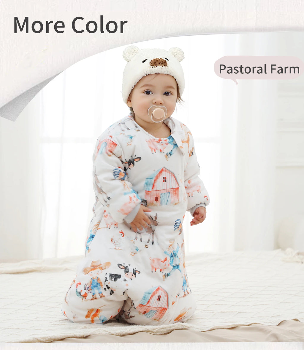 INSULAR Baby Cartoon Split-Leg Sleep Sack with Detachable Sleeves, 100% Cotton Thickened Winter & Autumn Toddler Sleeping Bag