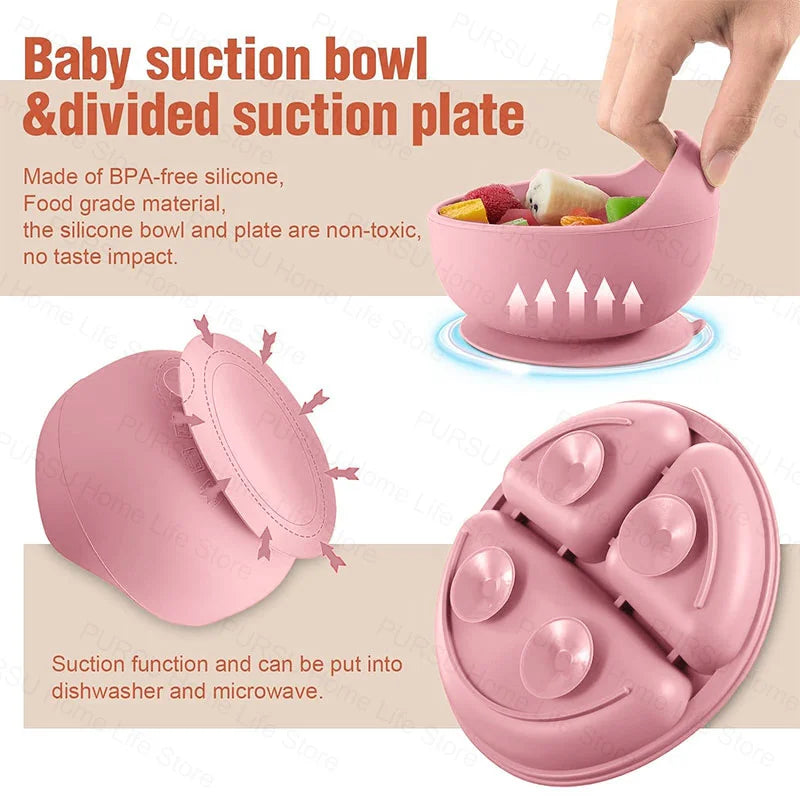 5/6Pcs Silicone Tableware For Kids Baby Feeding Sets Childrens Meal Training Set Bowls Plates Spoons Forks Bibs Cups