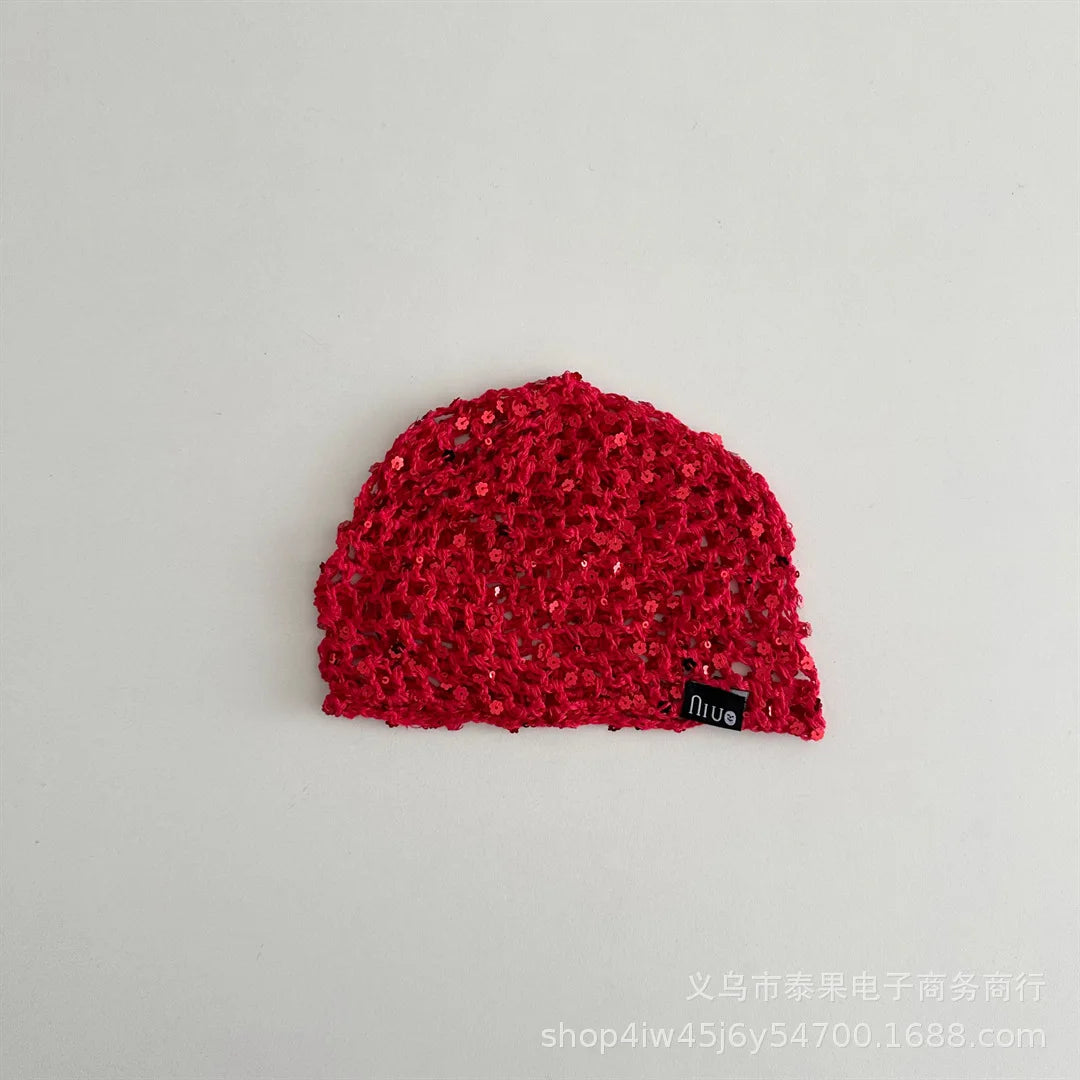 Sequin Hollow Knitted Pullover Hat For Girls Fishnet Headwrap Hwr01 Ethnic Style Cap