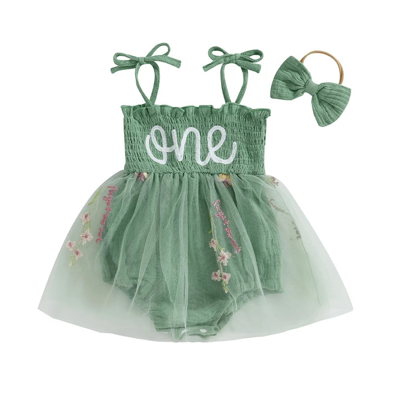 Newborn Baby Girl 1st Birthday Outfits Summer Cute Sleeveless Tie Strap Tulle Bodysuit Dress with Headband Set Infants Clothes