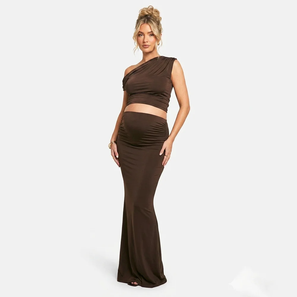 Summer 2 Piece Set Maternity Women's One Shoulder Sleeveless Photography Outfits Cutout Maxi Gown for Baby Shower Photoshoot