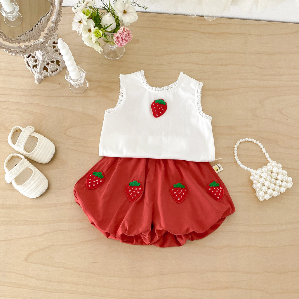 Summer Two-Piece Set for Baby Girls: Strawberry-Themed Vest and T-Shirt with Blooming Flower Pants, Stylish and Trendy