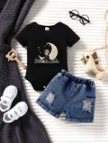 Summer Infant Girl Short Sleeve Two-Piece Set Black Star Moon Cartoon Print Bottom Covering Outfit with Torn Denim Shorts