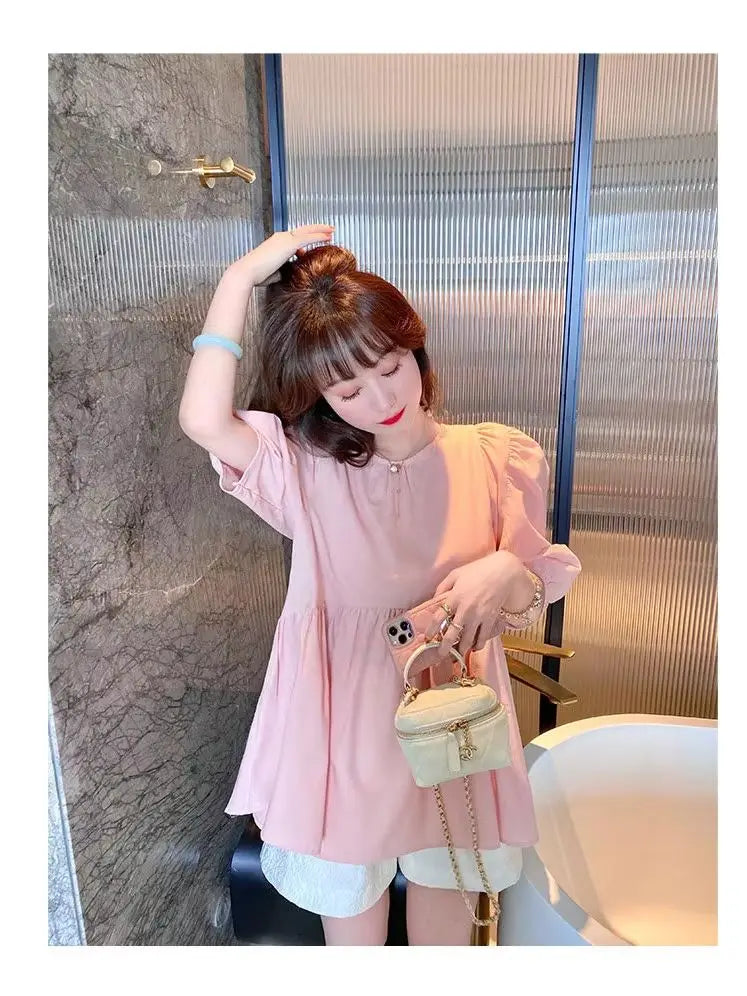 2025 Summer Maternity Pink Puff Sleeve O Neck Bowknot Blouse For Pregnant Women Top