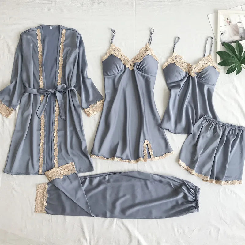 Simulation Silk Pajamas Maternity Wear Five-piece Set Suspenders Women's Loungewear Bathrobes Nightgowns Large Size