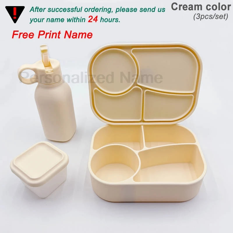 Personalized Name Silicone Lunch Bento Box Straw Water Bottle Sets Camping Picnic Food Drinkware Container Sippy Bottle For Kids