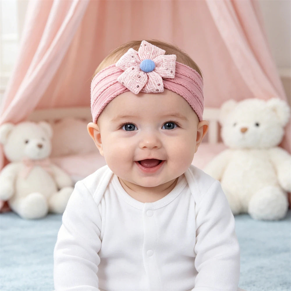 2026 New Arrival Baby Girl Flower Headband Soft Nylon Elastic Turban Sequin Tweed Bow Newborn Hairbands Toddler Hair Accessories