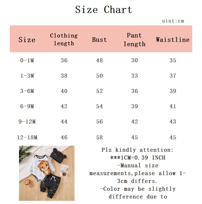 3Pcs Baby Boy Set Round Neck Lion Full Print Bodysuit+Pants Set Suitable for 0-18 Months Newborns Baby Boys Spring  Autumn Set