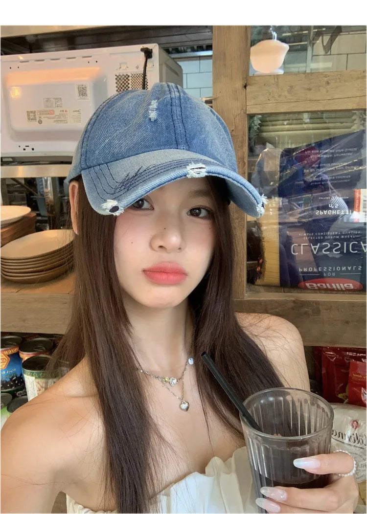 Cross-border Washed Distressed Embroidered Denim Baseball Cap Solid Color Outdoor Travel Sun Protection Visor Cap