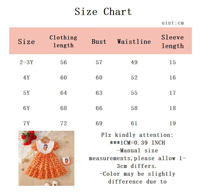 2Pcs Girls' Ramadan Dress with Ruffled Sudan rose Print Bubble sleeve Dress and Small bag Set  for 4-7 Year girls' Summer dress