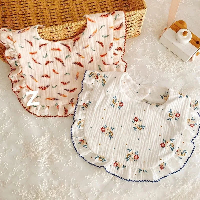 2pcs Floral Print Baby Bibs U-Shaped Snap Saliva Towel Ruffled Edge Muslin Cotton Burp Cloths Rainbow A Grade Feeding Scarf