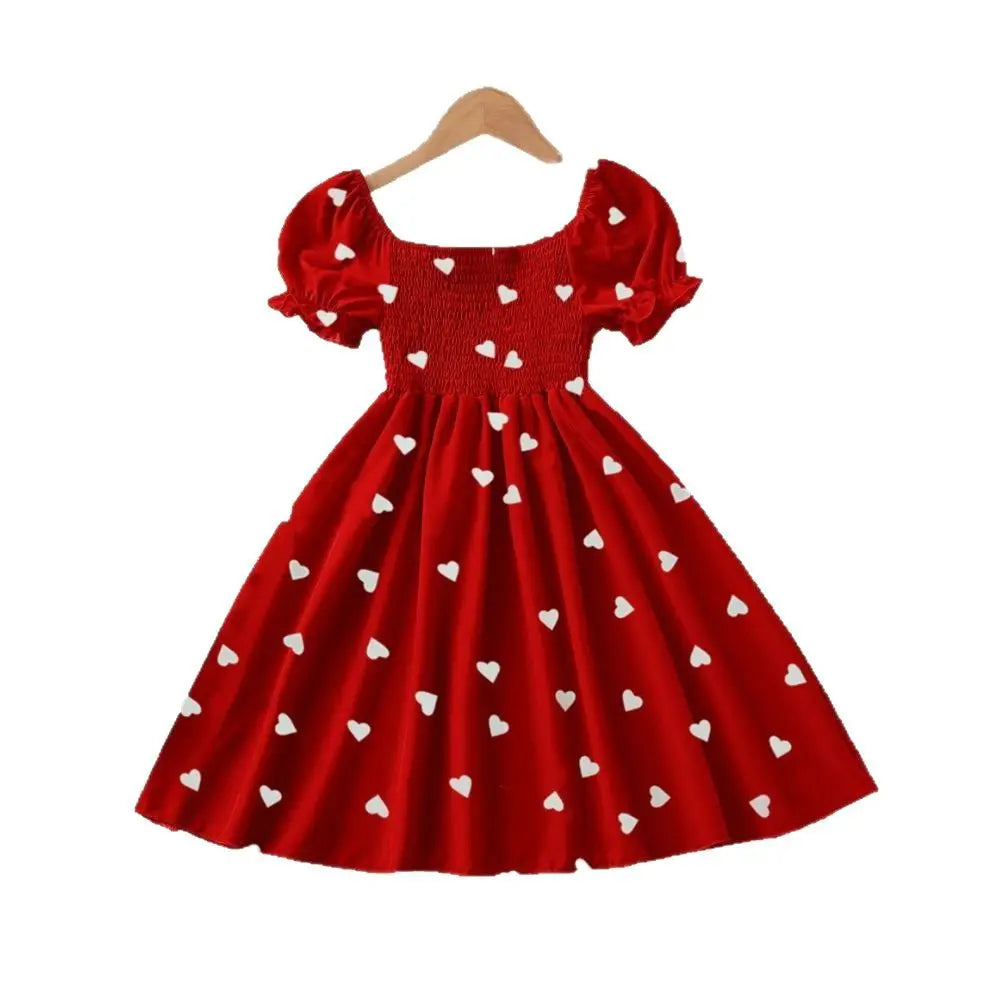 Girls Heart Print Puff Sleeve Dress – Summer Bow Princess Dress for Kids Ages 2-8, Cute Toddler Party & Daily Wear