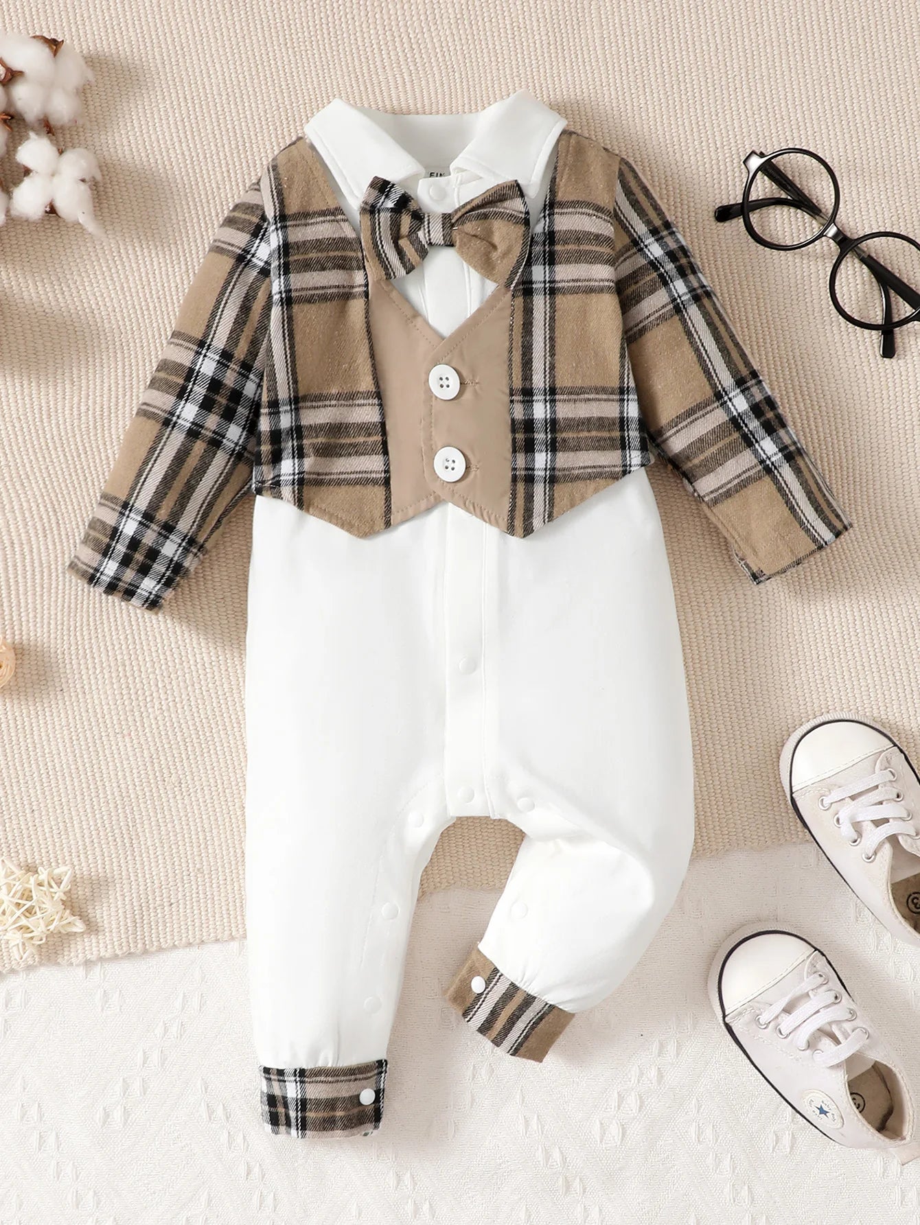 2Pcs Baby Boy Lapel Checkered Bodysuit+Hat Set fit 0-24 Months Male Baby Birthday Party Clothing Newborn Jumpsuit