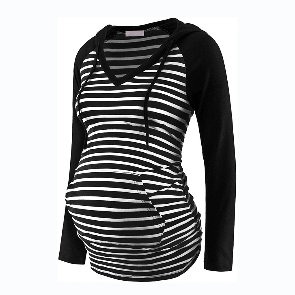 Women Maternity Hoodies Striped Print Long Sleeve V-neck Hoodie Sweatshirts Top Mom Pregnant Nursing Autumn And Winter Clothes