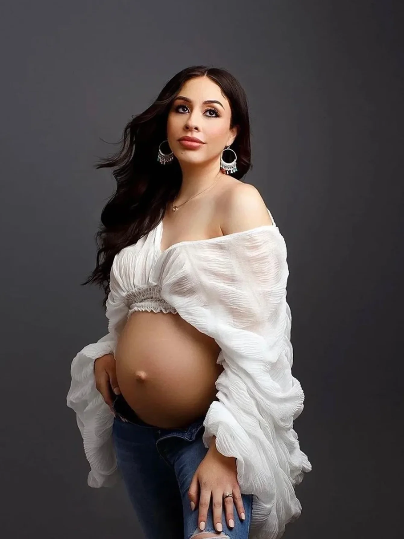 Maternity Sexy Drape Chiffon Blouse Elegant V-Neck Puff Long Sleeves Women Cropped Tops for Baby Shower Party Photoshoot