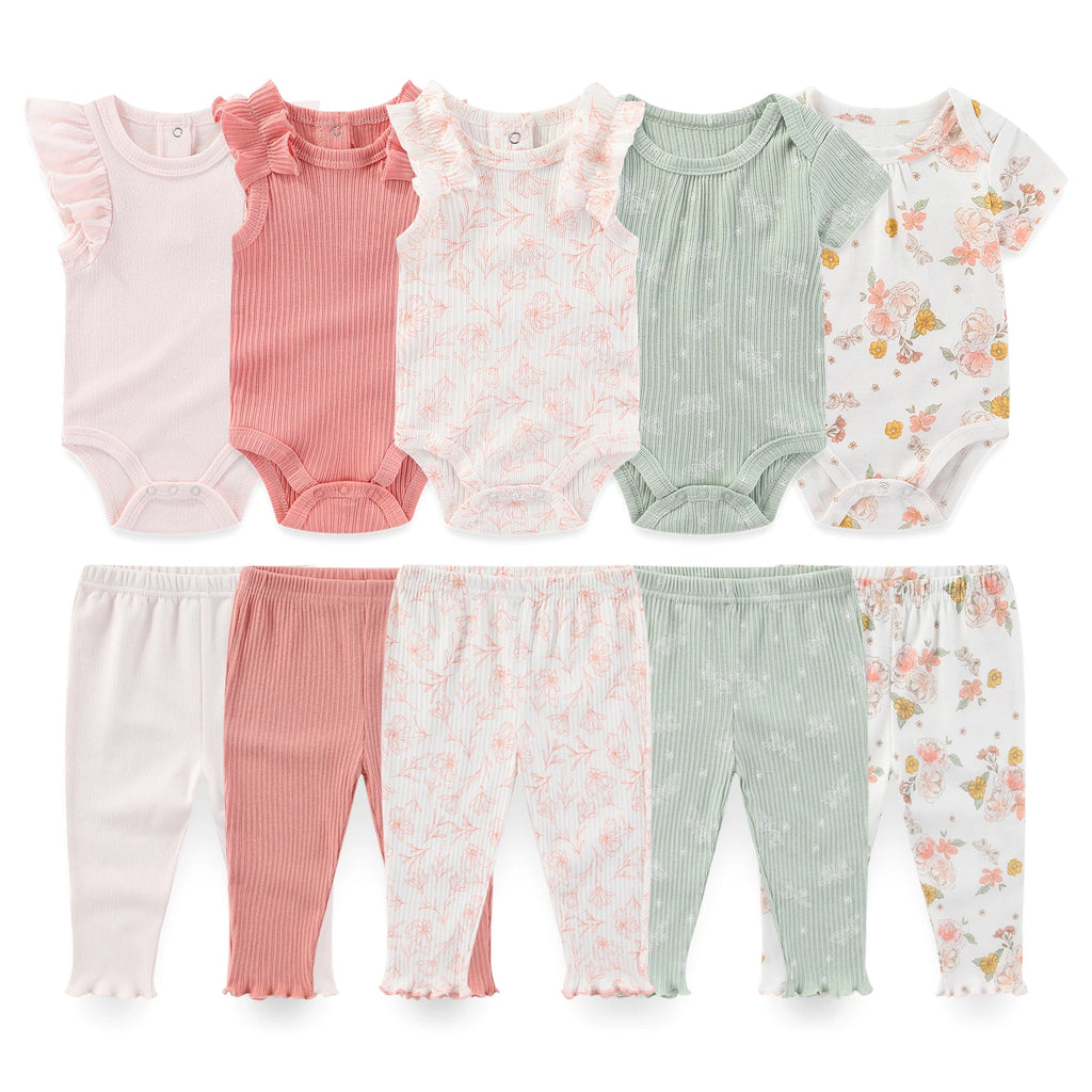 Cute Baby Boy Girl Clothing Set 5pcs Bodysuits+5pcs Pants Unisex Newborn Outfits Spring Summer Infant Outdoor Clothes