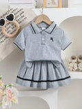 Two piece set of baby girl lace bow collar casual top and spliced skirt suitable for outdoor play, college style, cute and explo