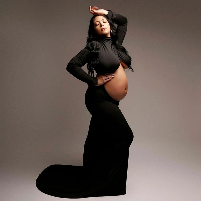Pregnancy Dress Photography Props Maxi Gown Turtleneck Full Sleeve Cut Out Belly Bodycon Maternity PhotoShoot For Baby Shower