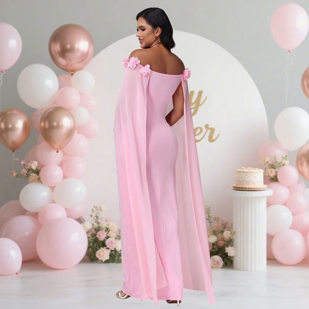 Maternity Floral Off Shoulder Floating Sleeves Dress Elegant Bodycon Maxi Gown for Photoshoot Baby Shower
