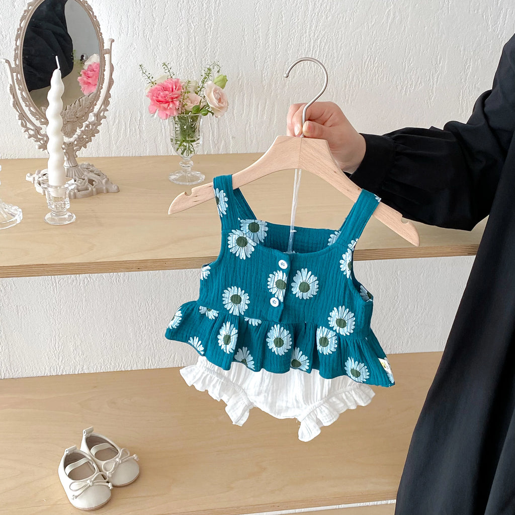 Summer Baby Girl's Daisy Printed Suspenders Top + Lace Shorts Set - Sweet Printed 2-Piece Set
