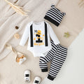 3Pcs Newborn Boy Baby Set Round Neck Digitally Printed Onesie + Black Striped Pants + Hat Set for 0-18 Months boy Baby Set