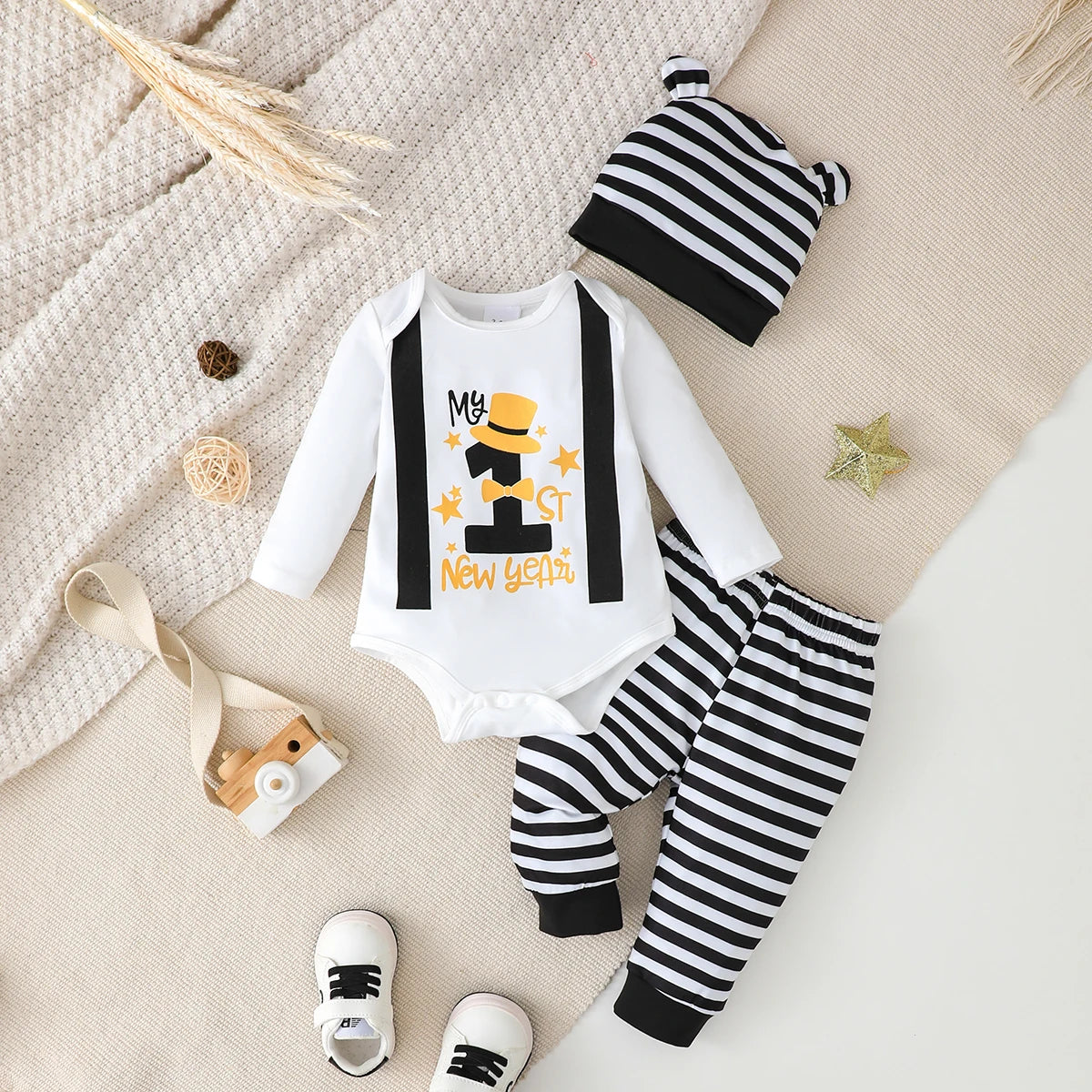 3Pcs Newborn Boy Baby Set Round Neck Digitally Printed Onesie + Black Striped Pants + Hat Set for 0-18 Months boy Baby Set