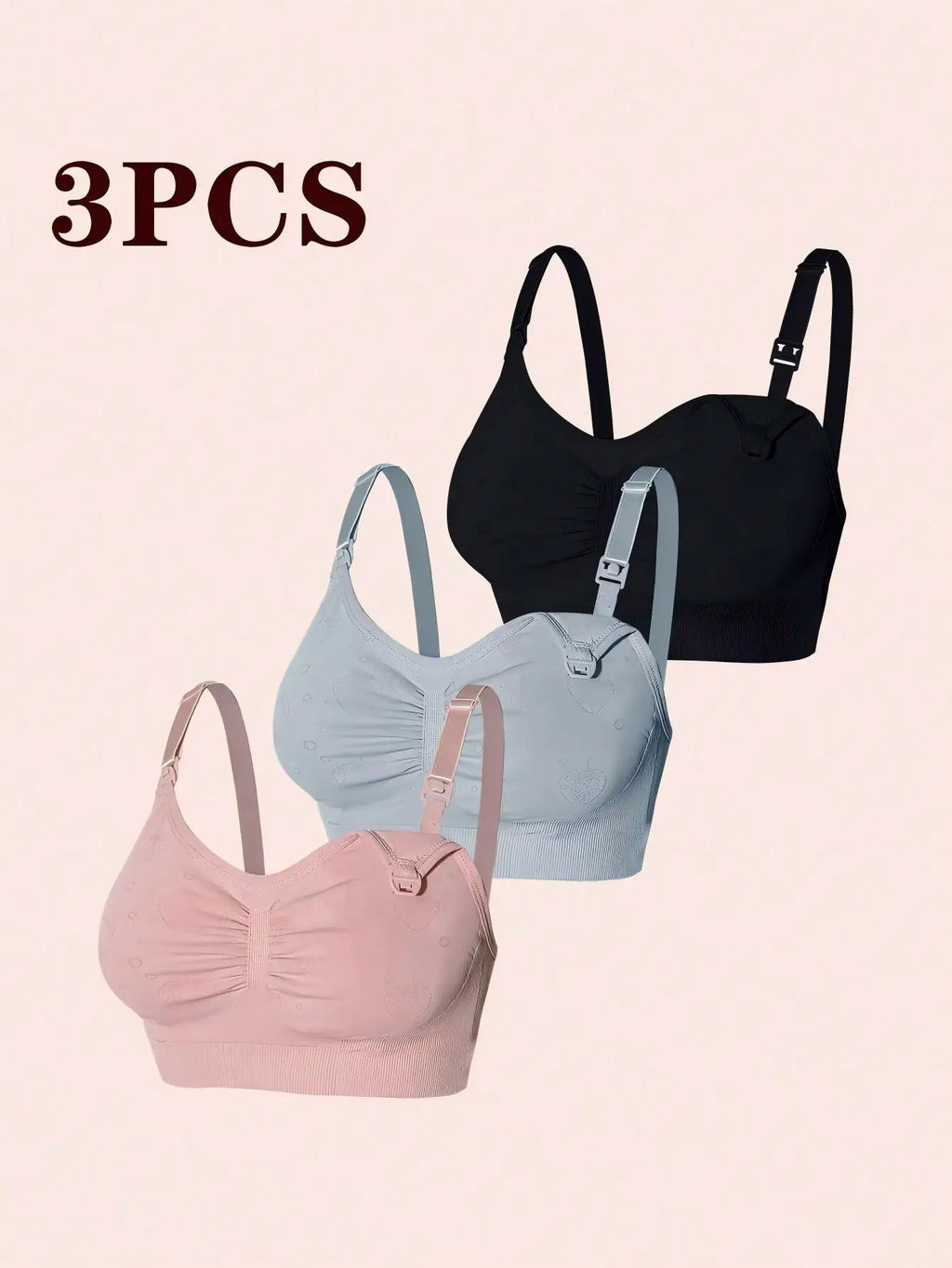 Three-Piece Set of Fruit-Patterned Wire-Free Front-Opening Nursing Bras for Pregnant Women