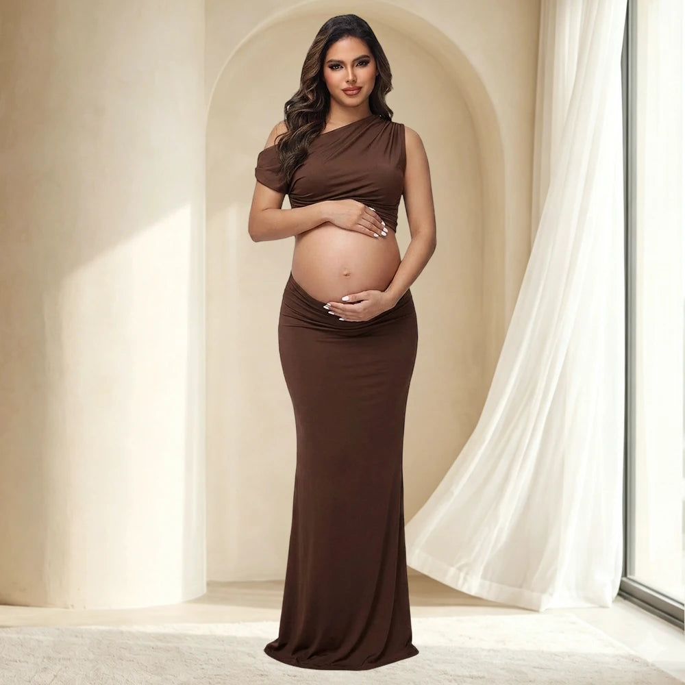 Summer 2 Piece Set Maternity Women's One Shoulder Sleeveless Photography Outfits Cutout Maxi Gown for Baby Shower Photoshoot