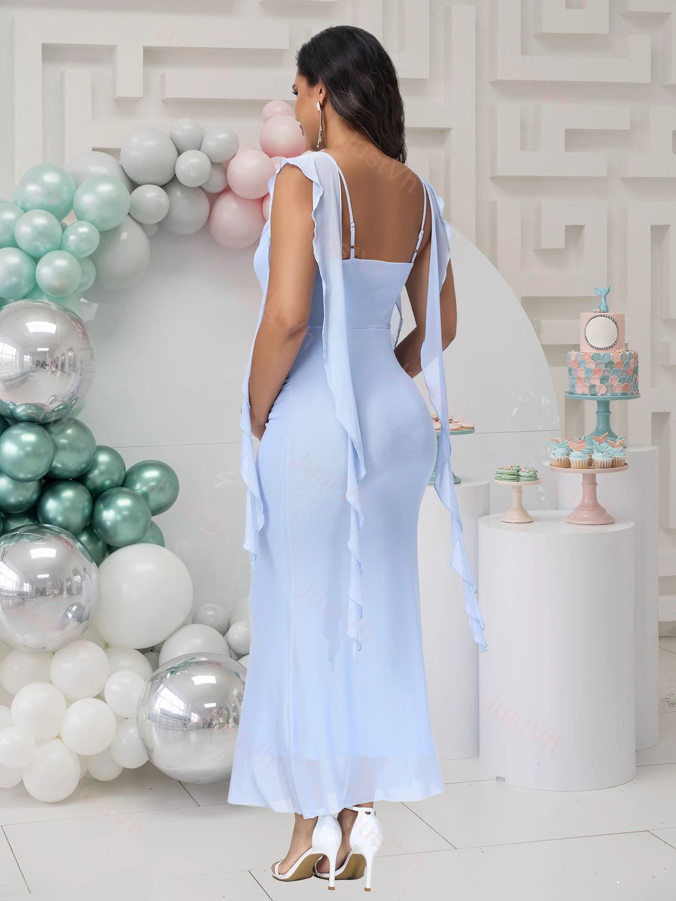 Maternity Summer Photography Dress Streamer Sexy Sleeveless Backless Gown for Baby Shower Photoshoot