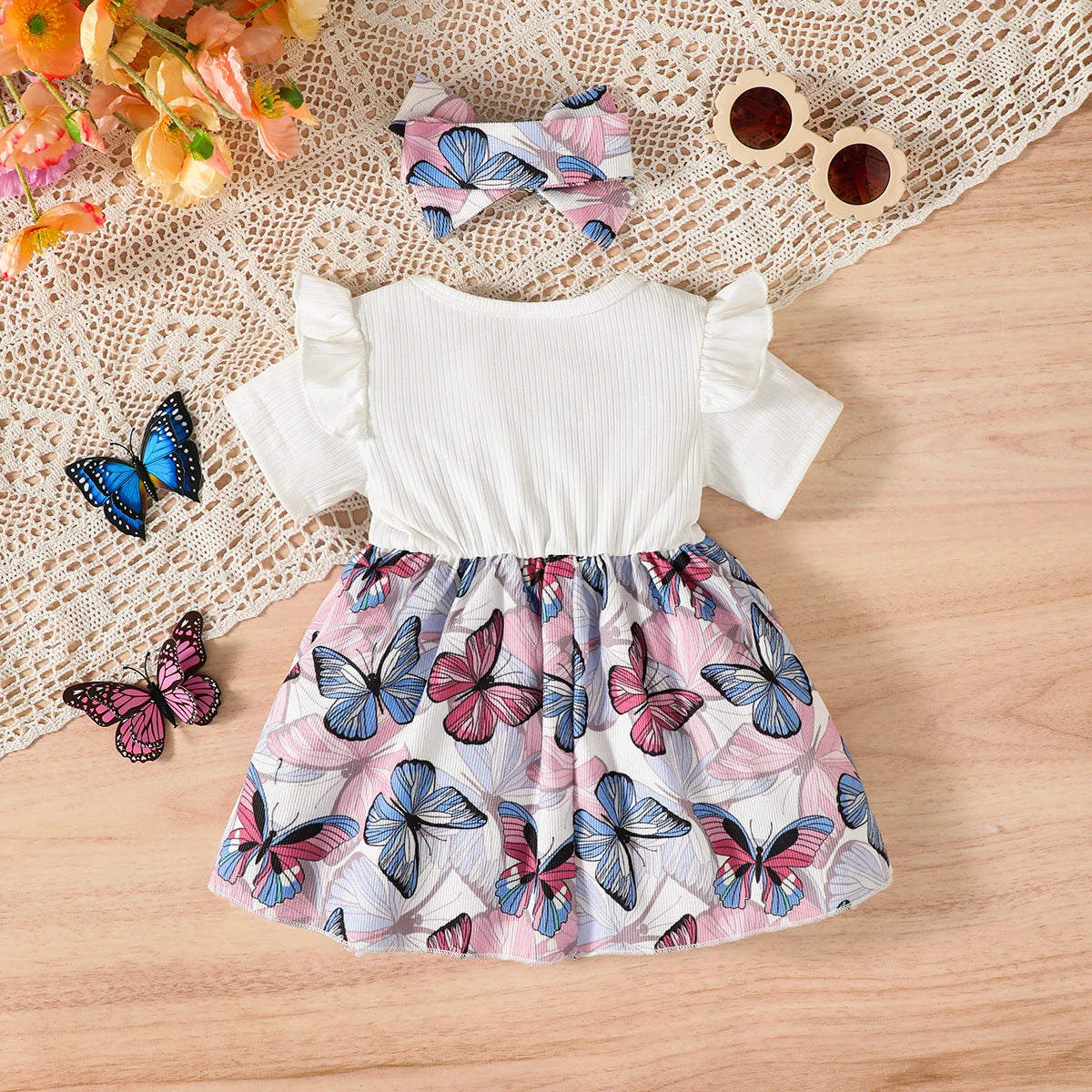 2Pcs Baby Girl Summer Dress Beautiful Butterfly Print Dress+Headband suitable for 0-24 Months old Lively and Cute Little Girls