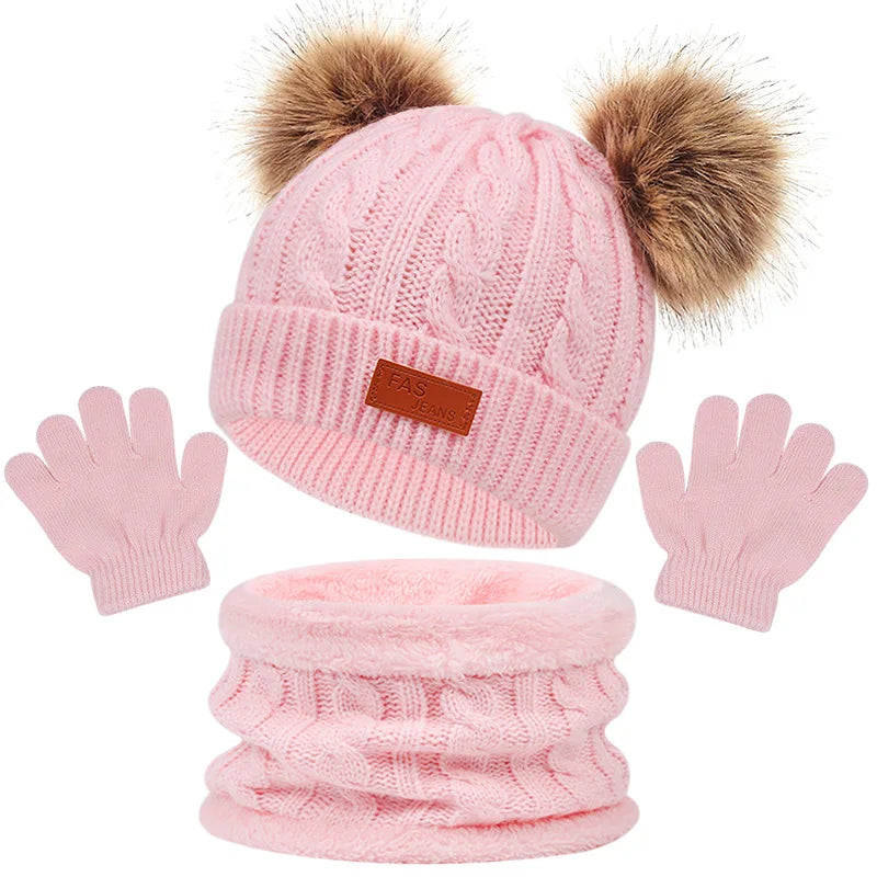 Winter Children Scarf And Hat Three Piece Set With Pom Pom Baby Infant Knitted Hat Warm Wool Thickened