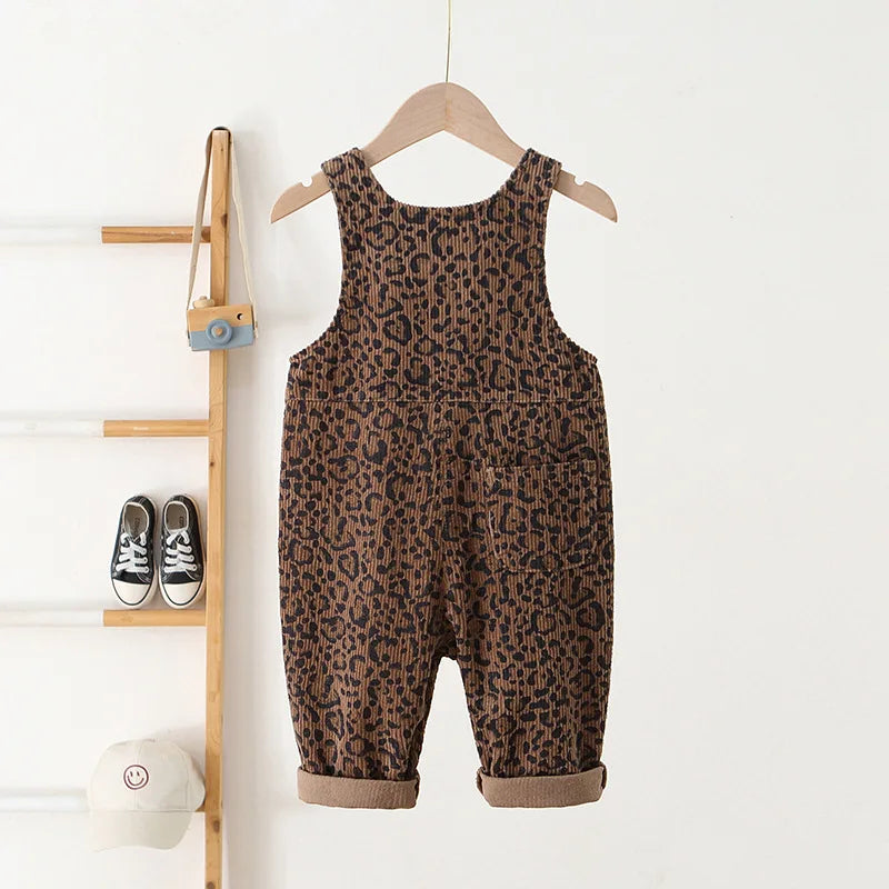 2026 Autumn 1-4T Kids Clothes Corduroy Girls Overall Leopard Print Boys Jumpsuits Children Playsuit