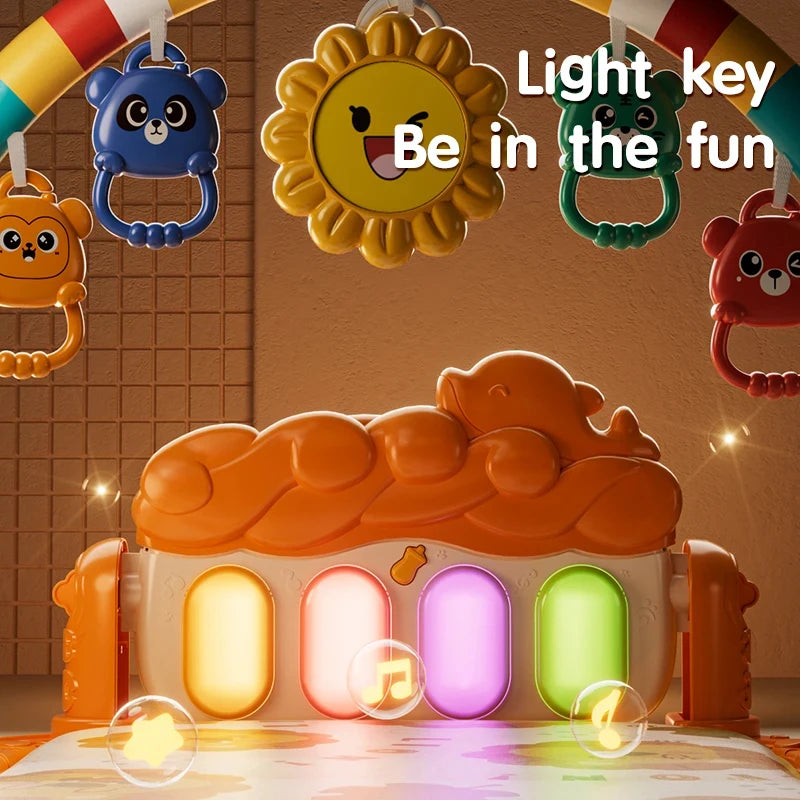 Baby Activity Play Mat with Music & Lights, 5 Detachable Sensory Toys Kick Piano Mat, Tummy Time Game Playmat