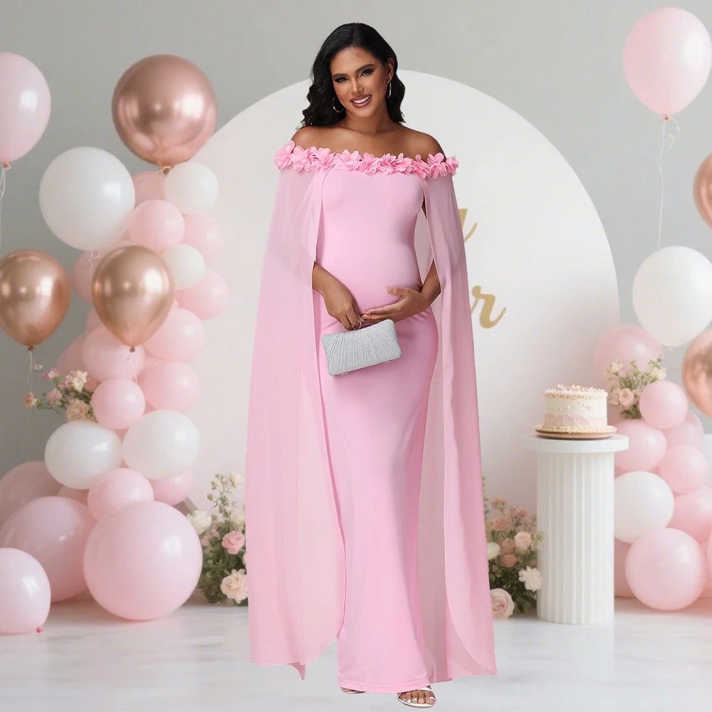 Maternity Floral Off Shoulder Floating Sleeves Dress Elegant Bodycon Maxi Gown for Photoshoot Baby Shower