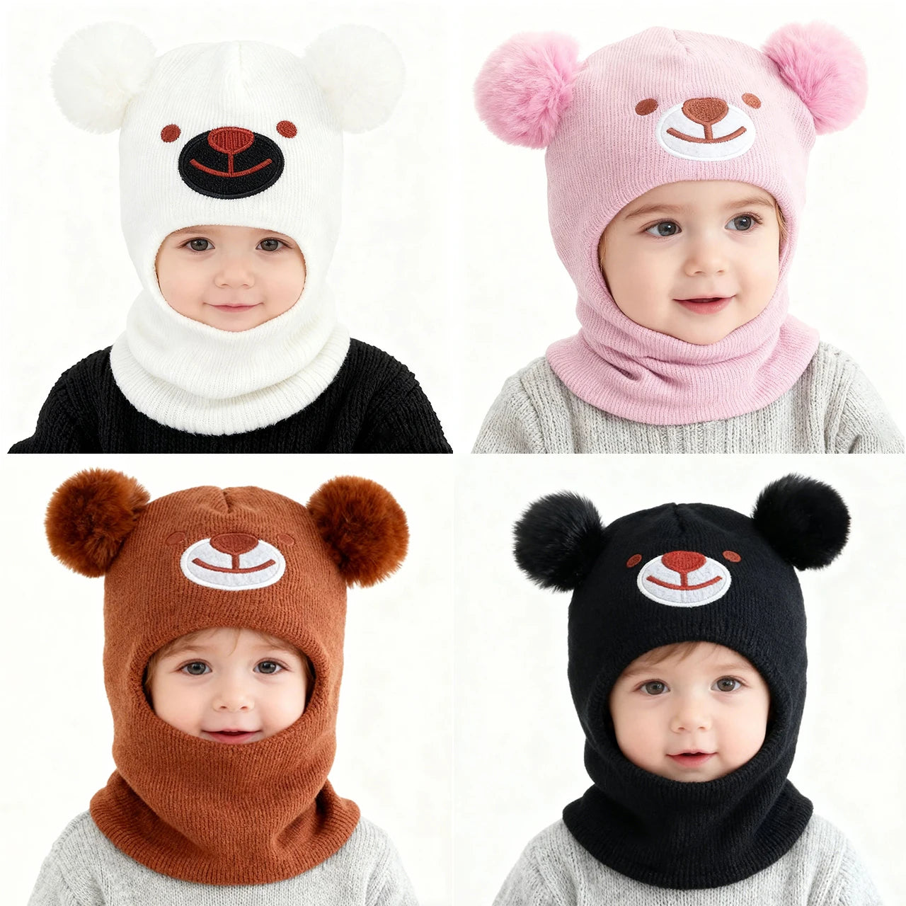 Children Pom-Pom Balaclava Cute Bear Scarf One-Piece Hat Winter Warm Kids Hooded Beanies 1-2Year Baby Knitted Ear Protection Cap