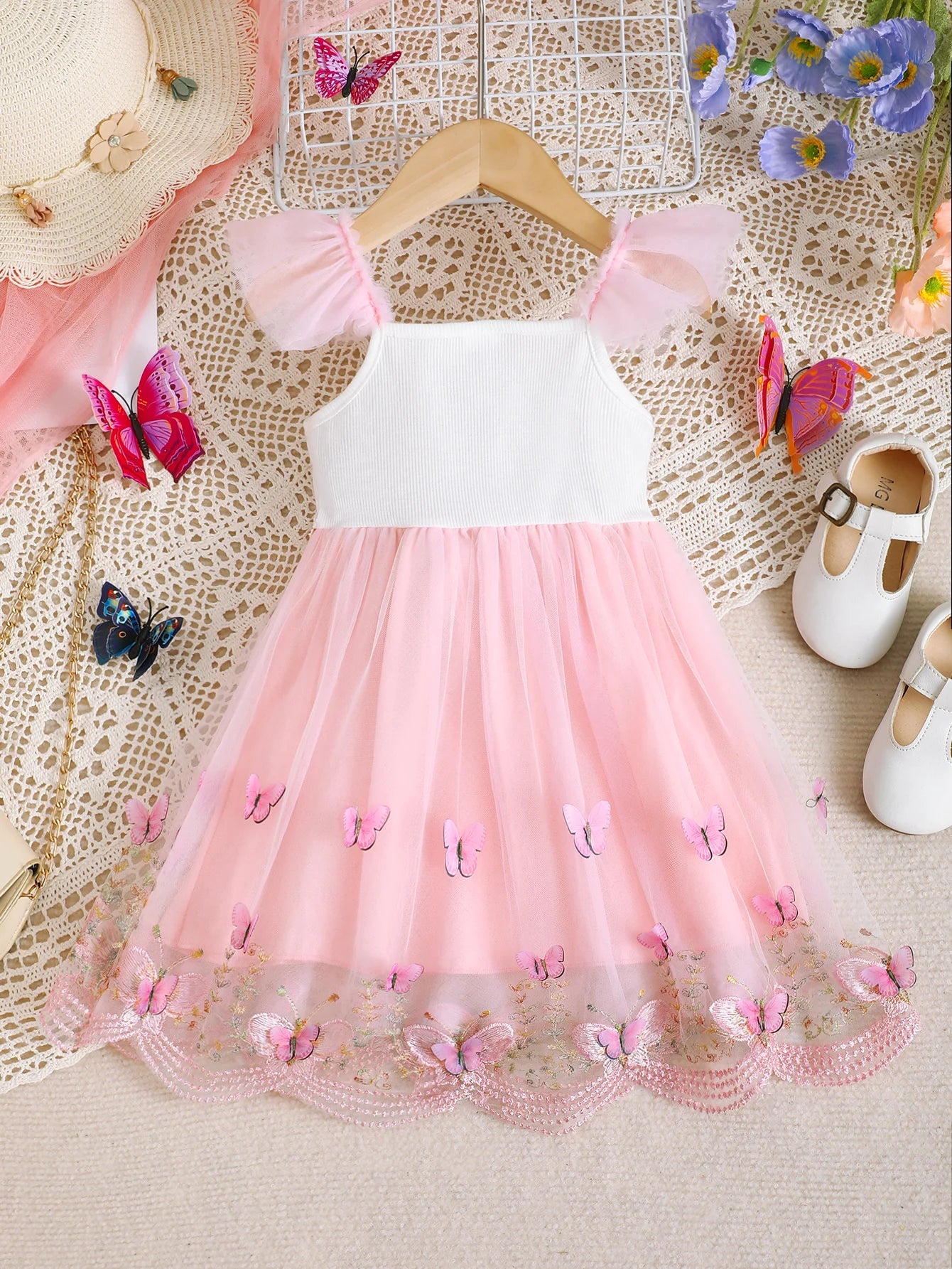 Baby girl Summer Dress Beautiful Embroidered Butterfly Tulle Princess Dress Toddler Holiday Party Dress suitable for 0-3 Year