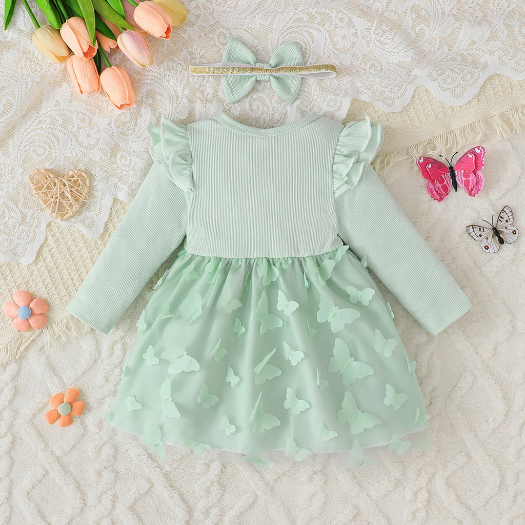Baby girl 2Pcs/Set Autumn Dress Flying sleeves and Bow tie Princess Dress for 0-3 Year old Baby girls' Birthday Party Costumes