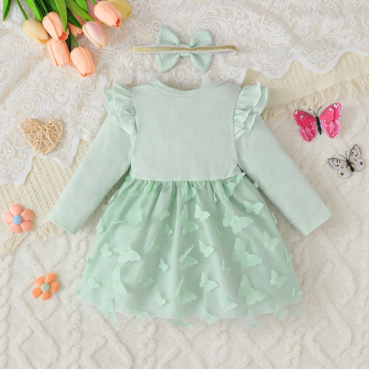 Baby girl 2Pcs/Set Autumn Dress Flying sleeves and Bow tie Princess Dress for 0-3 Year old Baby girls' Birthday Party Costumes