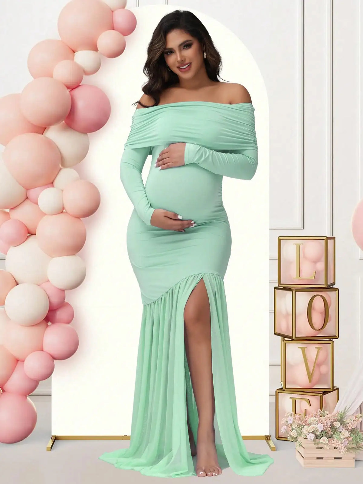 Maternity One Shoulder Off Shoulder Dress With Slit Hem Gown A123 For Baby Shower And Evening Party