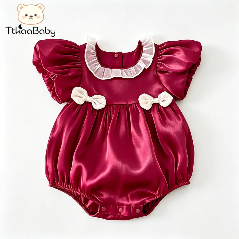 Baby-Fitting Ruffle-Collar, Cap-Sleeve, Bow-Tie Burgundy Baby Girl Onesie—Cute Spring/Summer Outfit for Newborns