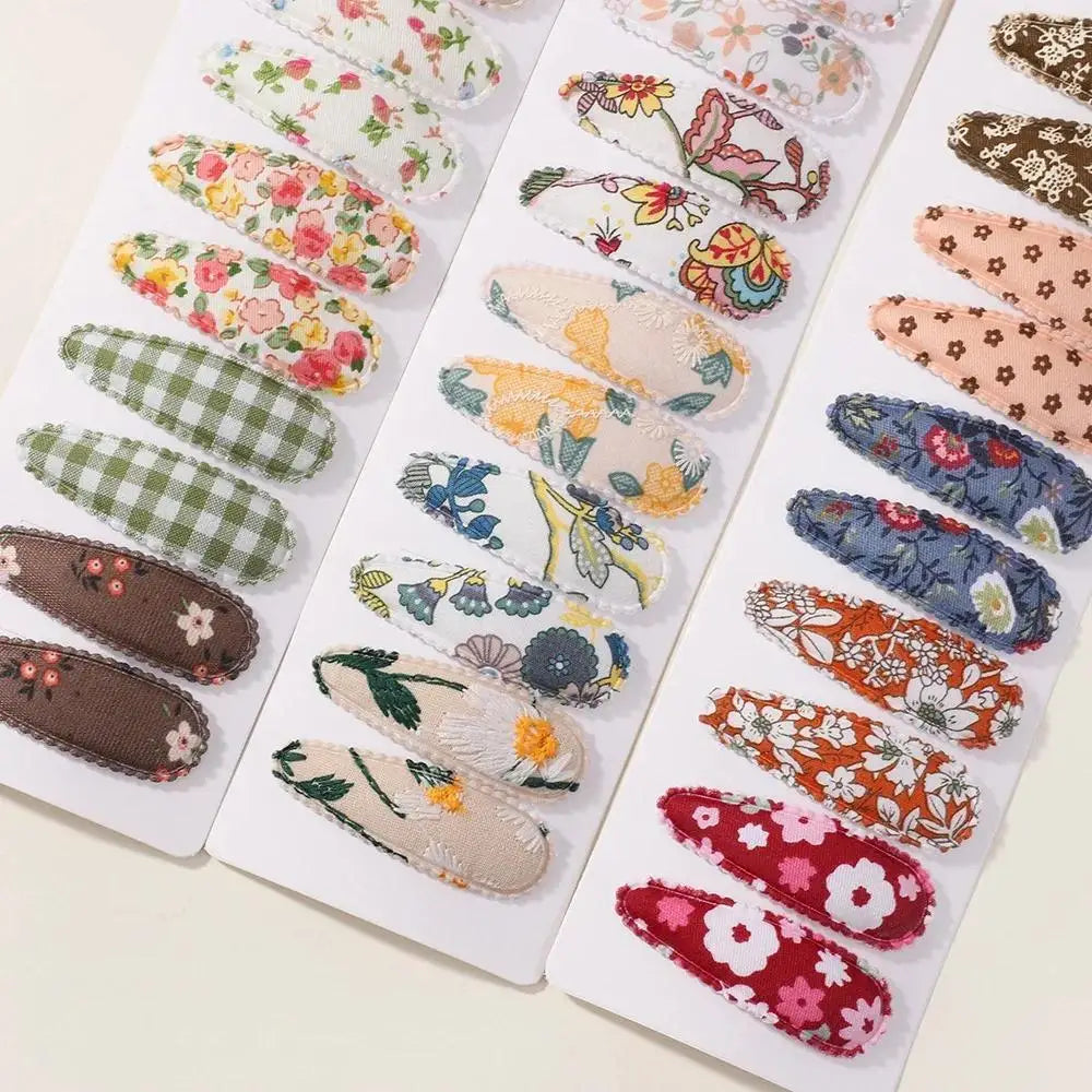 20 Pcs/Set Ins Flower Print Cotton Alloy Bow Hair Snap Clips Set Fabric Chess Baby Clamps Girls Headdress