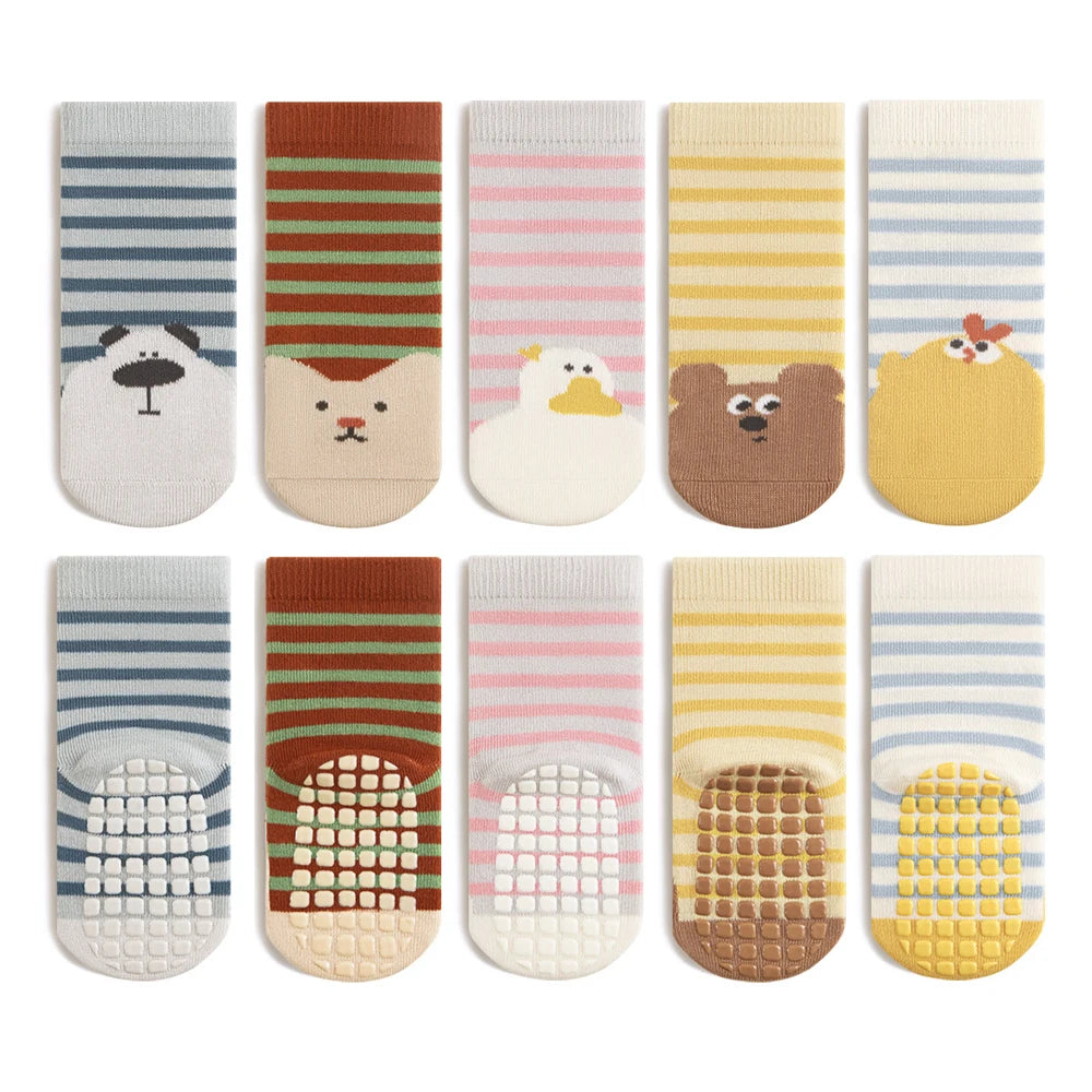 5 pairs  striped anti-slip baby floor socks, children's cartoon animal mid-calf socks, suitable for all seasons to wear