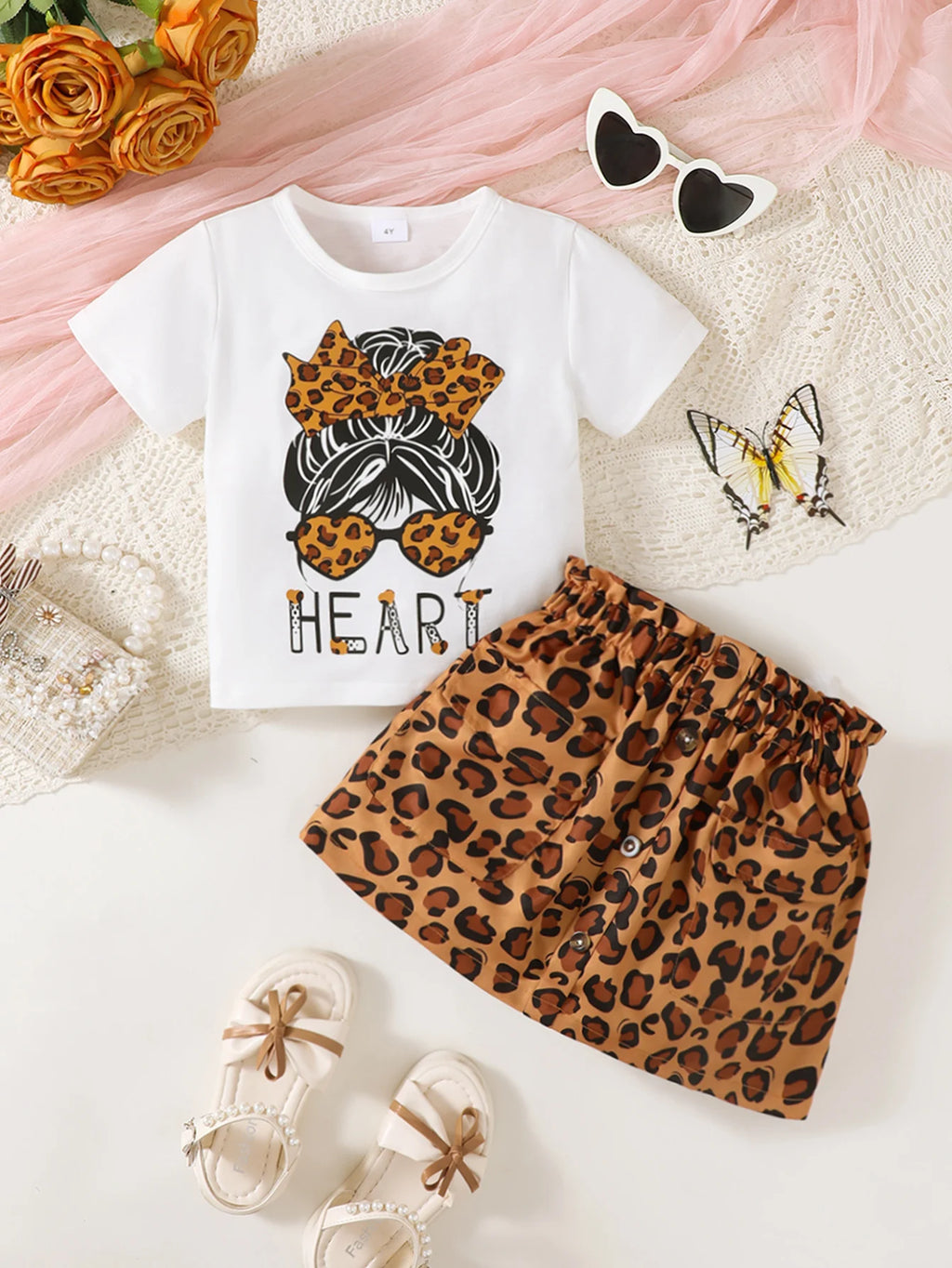 Summer 0-4 Years Old  Infant  Baby  Girls  Little Girl  Print  Top  And  Leopard  Print  Skirt  Casual  2-Piece  Set