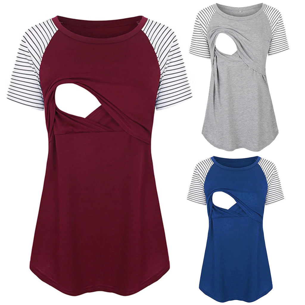 Women Maternity Short Sleeve Nursing Patchwork Color Tops Breastfeeding Blouse