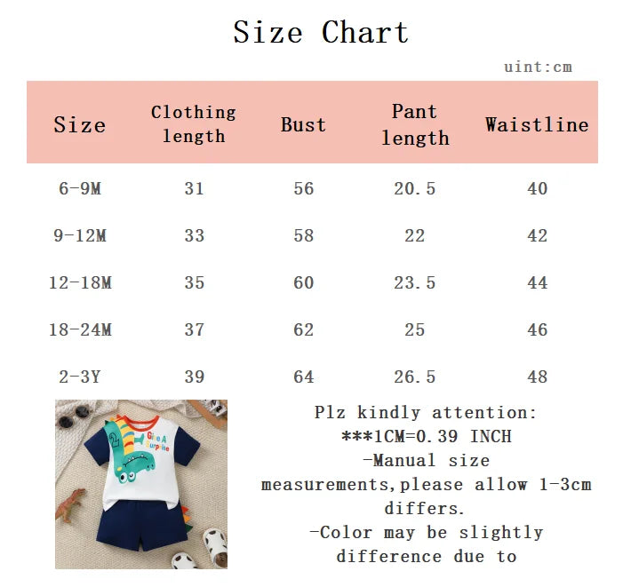 2Pcs Boy baby Casual Set Cartoon Dinosaur short sleeved+navy blue shorts set for Handsome Boys 0-3 Years old Summer set