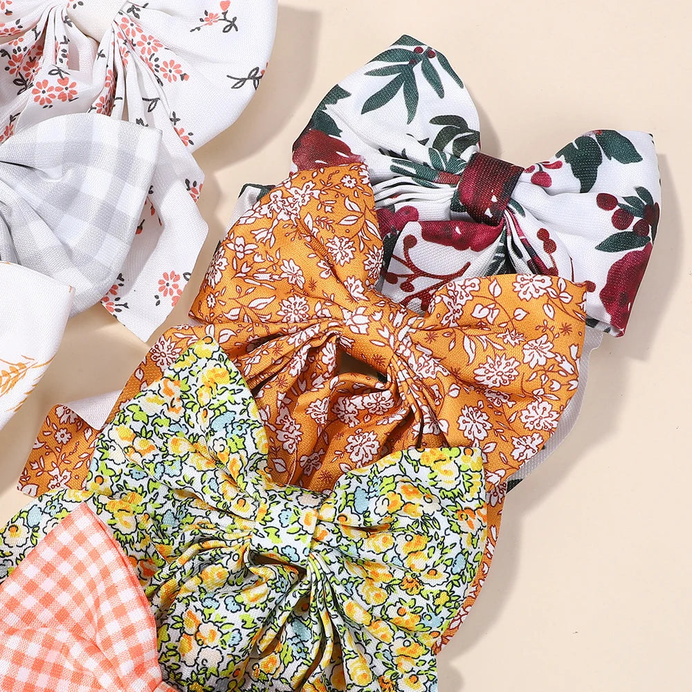 10Pcs Random bows hairgripes for women printe cheer up bowknot ribbon hairclips girls ponytail hair claw clips