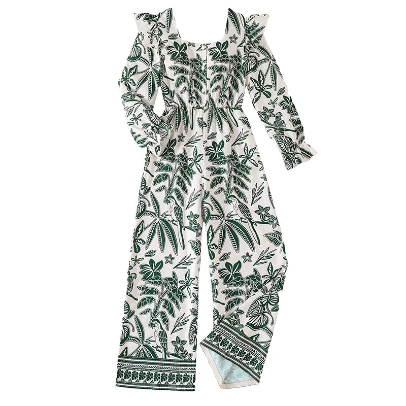 Teen Girls Botanical Print Jumpsuit, Back Big Bow Flared Cuff High Waist Loose Straight Long Casual Playsuit