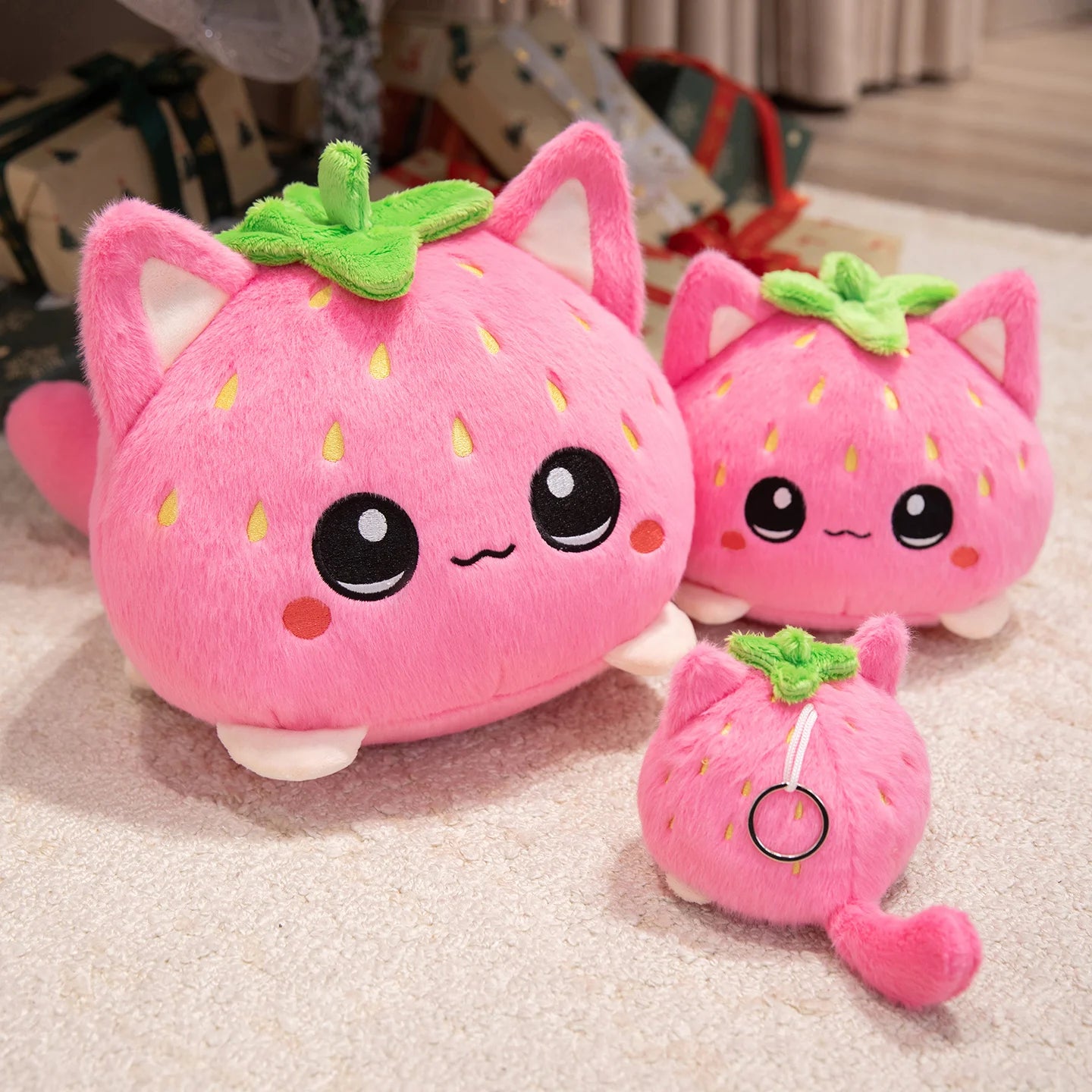 Cartoon Strawberry Fruit Cat Plush Toy Cute Pink Cat Strawberry Stuffed Animal Doll Soft Cuddly Plushie Birthday Christmas Gifts